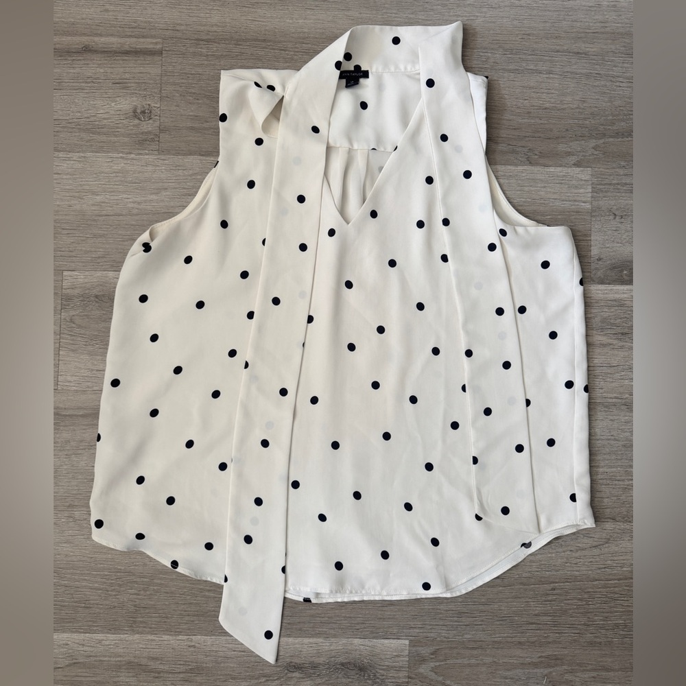 Ann Taylor Tie Blouse with Black Polka Dots
